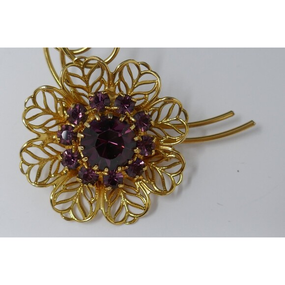 Gold Tone Purple Colored Rhinestones Flower Pin Brooch - Picture 2 of 9